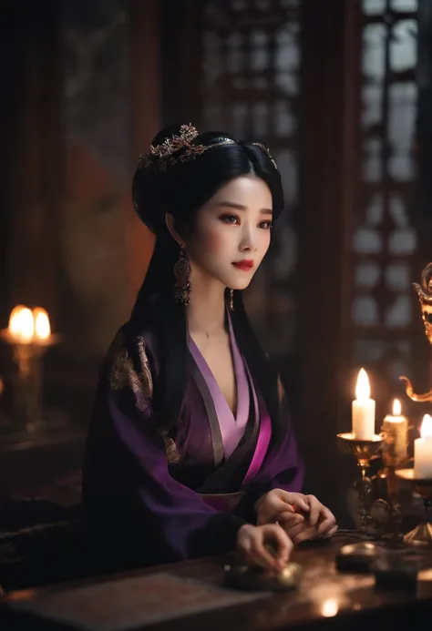 (bestquality:1.4), high-res, master-piece,, 1girls,, Black Hair, purple eyes,, mediuml breasts, ,, Hair ornaments, (black|Hanfu Black Clothing Single sleeve,, Lamps, shelters.,, detailed face, ancient china