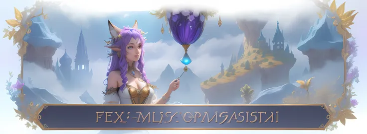 ((masterpiece)), (8k, high_resolution), (best quality), ultra-detailed, a close up of a woman in a dress with a cat on her head, fae wilds sky, fogy, fey, foxy, fantasy mmo, feywild, ethereal fox, fog!, mmorpg fantasy, new character, exotic fey features, d...