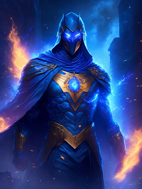 gloomy portrait of Doctor Fate from DC, extremely detailed, futuristic cityscape, nighttime, glowing neon lights, smoke, sparks, metal shavings, flying debris, blue energy effects, volumetric light