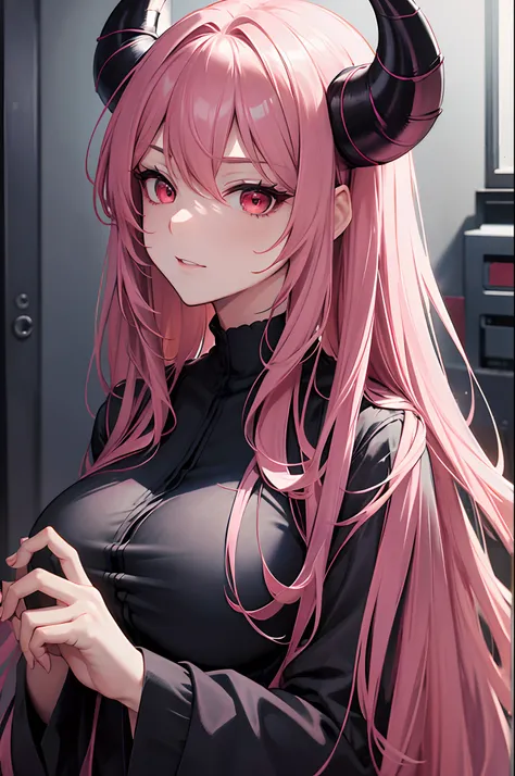 masterpiece, highlydetailed, ultra-detailed, solo, (1woman), Onee-san, mature, long hair, pink hair, adult woman, demon woman, vampire, complex black demon horns, beautiful, enchanting, red eyes, elegant, big breast, charming, Creepy, glaring, cruel, casua...