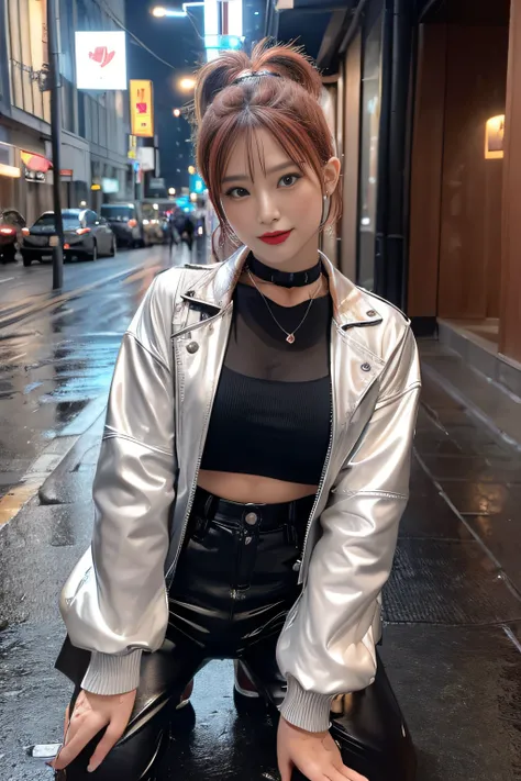 sologirl,Very heavy rain,Back alley at night,Drenched tomboy,piercings,Punk rock fashion,Open jacket with chain,Punk rock shirts,Punk rock pants with chain,Chain Accessories,a choker,(The whole body is soaking wet,Rainwater dripping from the face,Wet face,...