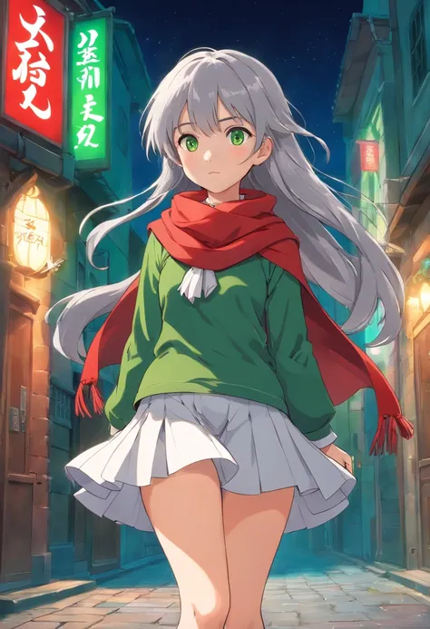 a girl, anime style, hair silver, green eye, red scarf, shockpant
, uniform white, short skirt,red skarf, full body shot, transparent background, 15 old years, back view, front view