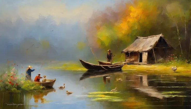 There are a old hut beside the river, a fishing boat near hut over the water, ((ducklings are swimming near the boat)), flowers are blooming beside the hut, an old man smoke and sitting in front of the hut. Masterpiece art work.