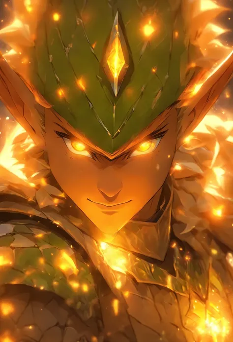 Elf, yellow skin, armor made of spikes and plates of stone and rock, glowing orange from the inside out, masterpiece, best quality