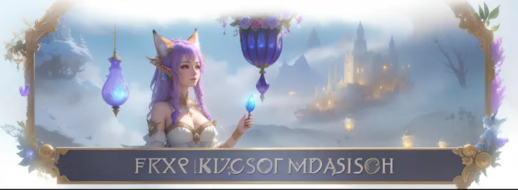 ((masterpiece)), (8k, high_resolution), (best quality), ultra-detailed, a close up of a woman in a dress with a cat on her head, fae wilds sky, fogy, fey, foxy, fantasy mmo, feywild, ethereal fox, fog!, mmorpg fantasy, new character, exotic fey features, d...