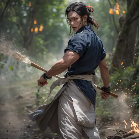 The eyes were full of anger，He clenched his fists，Rush up，Deliver a fatal blow to your opponent，full bodyesbian，Male Chef 32K（tmasterpiece，k hd，hyper HD，32K）flowing dark hair，Palace gardens,National tide,Immortal,CG style,Brilliant details,，Forest structur...