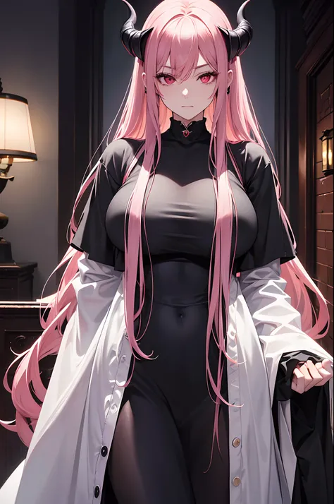 masterpiece, highlydetailed, ultra-detailed, solo, (1woman), Onee-san, mature, long hair, pink hair, adult woman, demon woman, vampire, complex black demon horns, beautiful, enchanting, red eyes, elegant, big breast, charming, Creepy, glaring, cruel, casua...