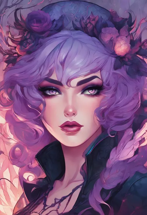 a close up of a woman in a costume with purple hair and purple glowing eyes, glowing green pumpkins, lois van baarle and rossdraws, artgerm and lois van baarle, artgerm and rossdraws, rossdraws cartoon vibrant, beautiful succubus, ross tran style, rossdraw...