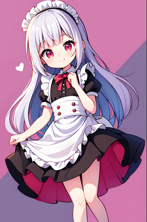 8K picture quality，silber hair,Red-eyed girl,cute little ,Long hair,Heartwarming,a miniskirt,Lolita,A smile,Thumbnail styles，maid clothes，fluffly,pink sky background,cute background