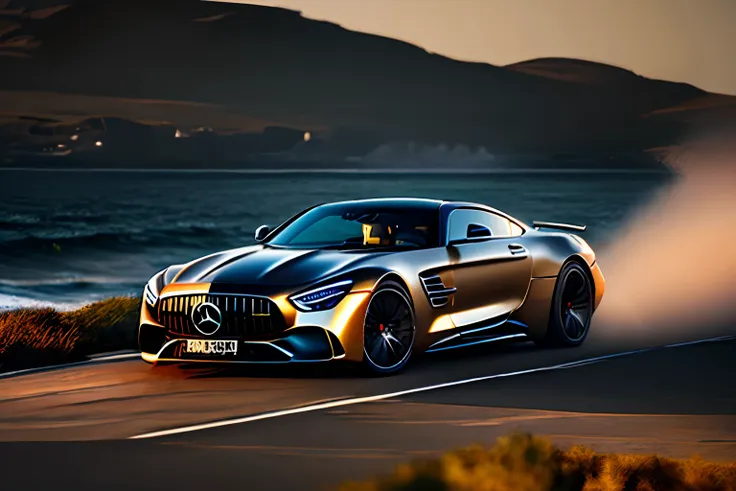 Rembrandt light, masterpiece best quality, Extremely detailed,Cinematic lighting, 8K, Realistic, awardwinning, photograph, Low viewing angle, Camera shooting, NIKON, nffsw, Mercedes-Benz AMG GTR, Hypercar, Futuristic, Bright morning light by the sea,, Mast...