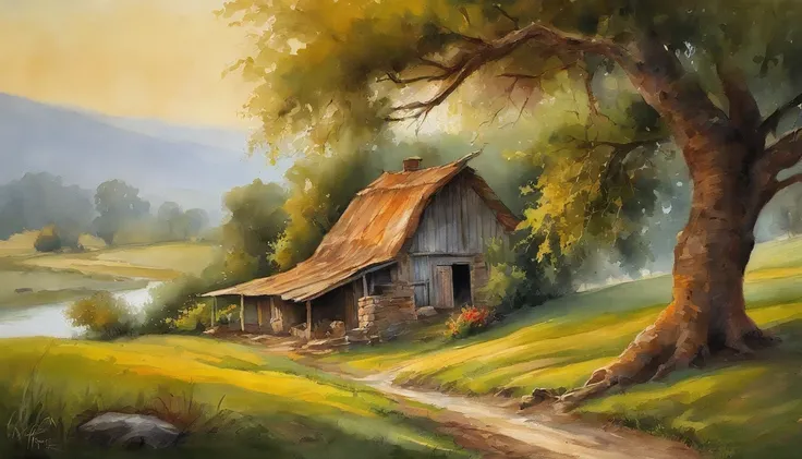 A farm house under the big tree beside the stream, Sunrise, bullock cart ,  Oil painting, classic style, rich colors, brushstrokes, vibrant textures, expressive portraits, dynamic composition, capturing light and shadow, artistry, timeless beauty.