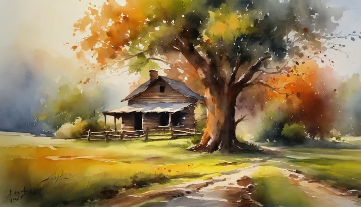 A farm house under the big tree beside the stream, Sunrise, bullock cart ,  Oil painting, classic style, rich colors, brushstrokes, vibrant textures, expressive portraits, dynamic composition, capturing light and shadow, artistry, timeless beauty.