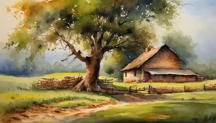 A farm house under the big tree beside the stream, Sunrise, bullock cart ,  Oil painting, classic style, rich colors, brushstrokes, vibrant textures, expressive portraits, dynamic composition, capturing light and shadow, artistry, timeless beauty.