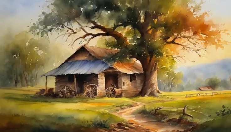 A farm house under the big tree beside the stream, Sunrise, bullock cart ,  Oil painting, classic style, rich colors, brushstrokes, vibrant textures, expressive portraits, dynamic composition, capturing light and shadow, artistry, timeless beauty.