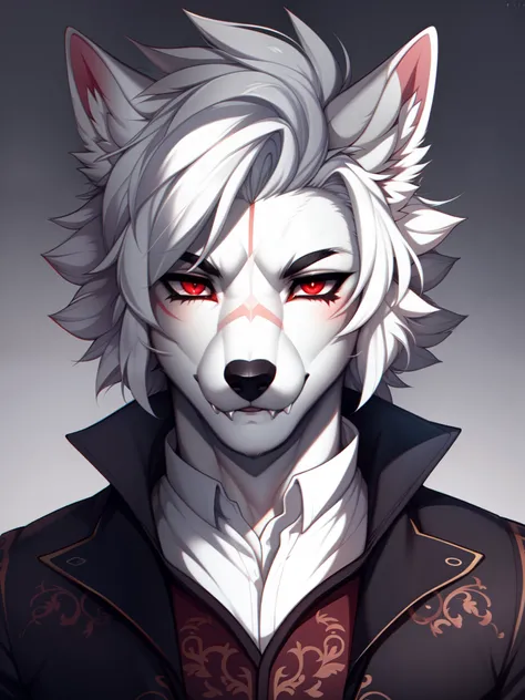 Astarion, by hyattlen, by fumiko, by claweddrip, a white feminine wolf boy, male, cute snout, black nose, white hair, hair swept back, red eyes, elegant clothing, vampire fangs,