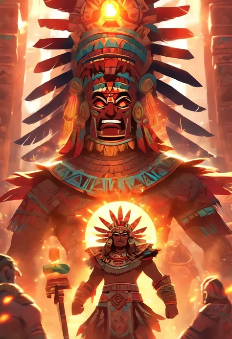 (((Aztec God)))best quality, ultra-high resolution, 4K detailed CG, master piece, Huitzilopochtli, god of war, Aztec mythology, Aztec temple, Aztec clothing, sunlight, Mexico, aesthetics, Beautiful image, centered on the screen