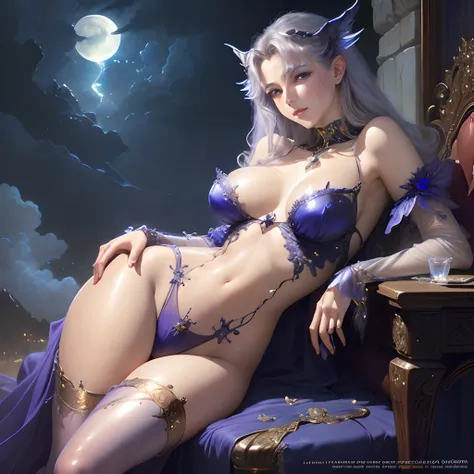 ((Need)Raised sexy), ((tmasterpiece)lusting), (A detailed),Sapphire on the chest， Enchanting succubus, Ethereal beauty, In the clouds, (fantasy illustrations:1.3),captivating posture, Delicate chest,see-through transparent clothes (Luis Royo:1.2), (Yoshita...