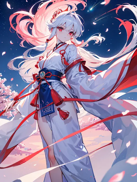 Sesshomaru, luminous red eyes, with all their grandeur, Blue moon in the sky, dark blue sky with stars, cherry blossom petals flying in the wind, (ultra-realistic), {extremely detailed 8k CG unit wallpaper}, photography of expansive landscape, (a view from...