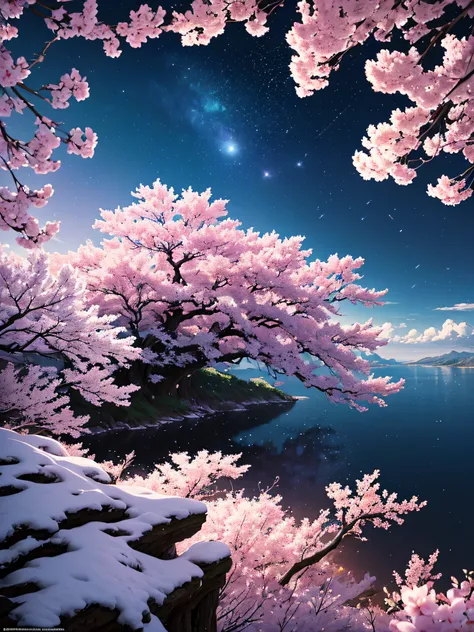 Sesshoumaru Inuyasha, luminous red eyes, with all their grandeur, Blue moon in the sky, dark blue sky with stars, cherry blossom petals flying in the wind, (ultra-realistic), {extremely detailed 8k CG unit wallpaper}, expansive landscape photography, (a vi...