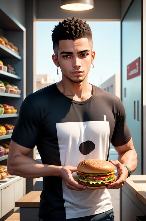 A young adult moroccan boy with a t-shirt written on it myoga who prepares burgers add gta style high quality décor background fast food new generation