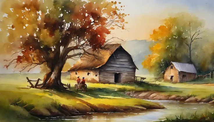 A farm house under the big tree beside the stream, Sunrise, bullock cart ,  Oil painting, classic style, rich colors, brushstrokes, vibrant textures, expressive portraits, dynamic composition, capturing light and shadow, artistry, timeless beauty.