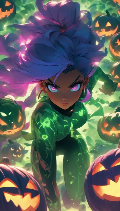 a close up of a woman in a costume with purple hair and purple glowing eyes, glowing green pumpkins, lois van baarle and rossdraws, artgerm and lois van baarle, artgerm and rossdraws, rossdraws cartoon vibrant, beautiful succubus, ross tran style, rossdraw...