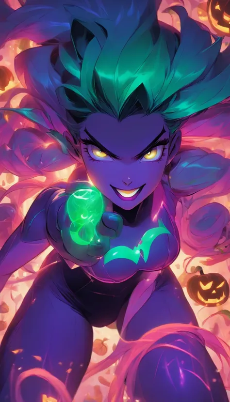 a close up of a woman in a costume with purple hair and purple glowing eyes, glowing green pumpkins, lois van baarle and rossdraws, artgerm and lois van baarle, artgerm and rossdraws, rossdraws cartoon vibrant, beautiful succubus, ross tran style, rossdraw...