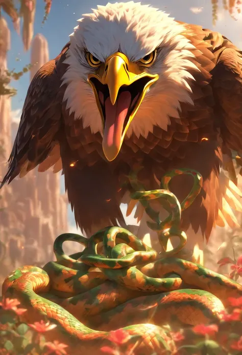 (((Eagle devouring snake)))best quality, ultra-high resolution, 4K detailed CG, master piece, eagle, cactus, desert snake, sunlight, Mexico, aesthetics, Beautiful image, centered on screen