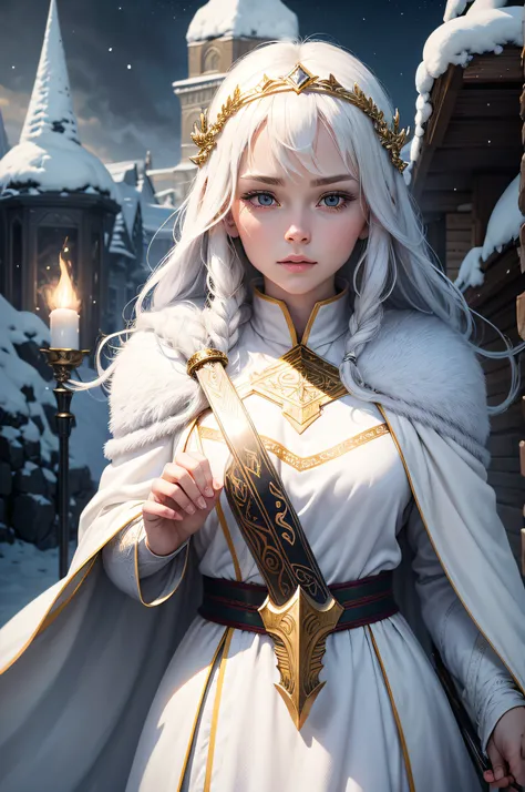 Nordic women　Asgard　Deities々　snowscape　white robes　diadems　The sword　Beautiful Landscapes　Say a Prayer　gold hair