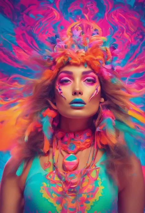 a woman in active wear with a neon makeup and headdress , transgressive art, sharp focus, 8 k, octane render , saturated colors, pastel colors