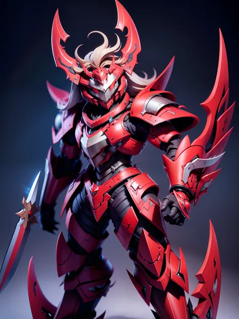 Elf, crimson skin, mane of crimson, silver and grey mecha armor with blades, skyterror, masterpiece, best quality