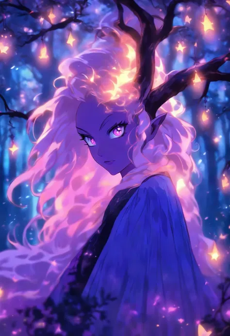 (best quality, highres, ultra-detailed, realistic:1.37), female, glowing purple eyes, long flowing blonde hair, witch, goddess, casting glowing spells, mystical fantasy woods, evil smirk, enchanted atmosphere, hauntingly beautiful, ethereal, dark magic, me...