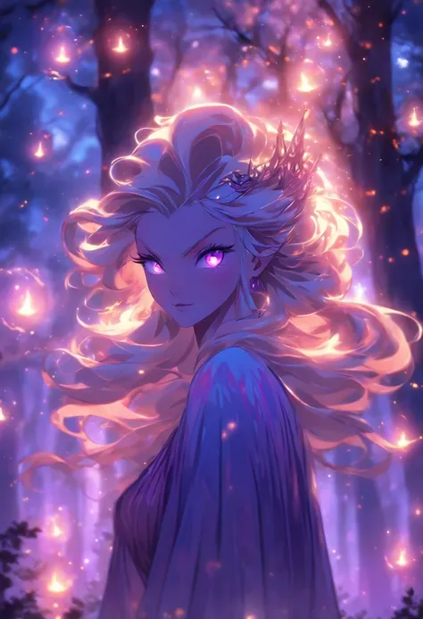 (best quality, highres, ultra-detailed, realistic:1.37), female, glowing purple eyes, long flowing blonde hair, witch, goddess, casting glowing spells, mystical fantasy woods, evil smirk, enchanted atmosphere, hauntingly beautiful, ethereal, dark magic, me...