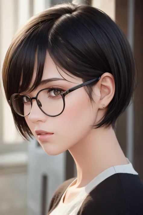 (masterpiece:1.3), (8k, photorealistic, RAW photo, best quality: 1.4), (1girl), beautiful face, (realistic face), (black hair, short hair:1.3), beautiful hairstyle, realistic eyes, beautiful detailed eyes, (realistic skin), beautiful skin, (round glasses),...