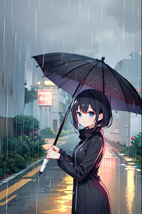 Photo of a woman holding an umbrella on a rainy day、Umbrellas are great、bustup、Eye Up、The road surface is wet、She enjoys the rain