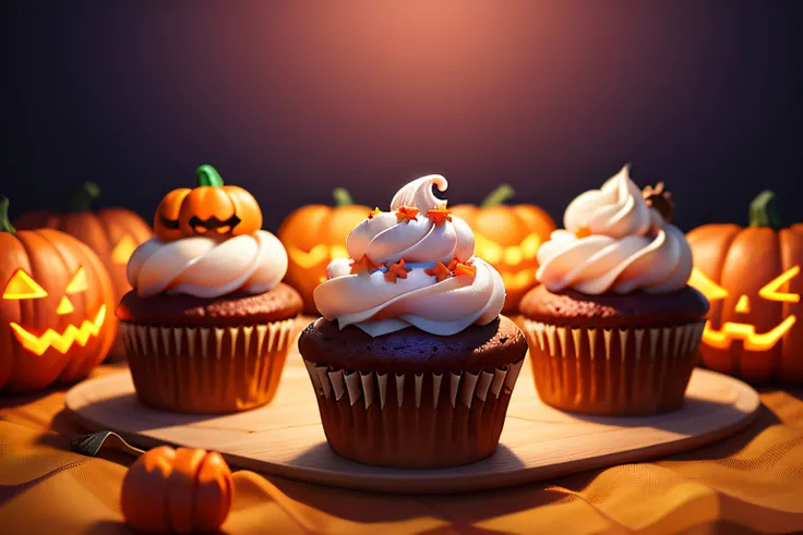 (raw photo), a row of halloween themed cupcakes on a table, pumpkin, foodphoto, blurred background, full view, 8k, photorealistic image, excellent quality.