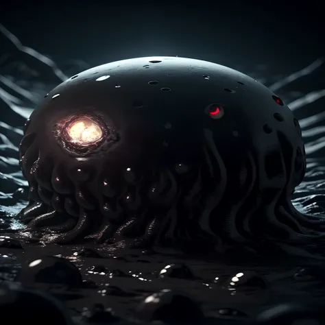 A pitch-black and weird little ball of meat，spherical，There are 10 tentacles on the surface of the meatballs，Horror fantasy，Tentacle underground scattering，paint black，Cthulhu，Grotesque，ultra-realistic realism，horrid，terroral，k hd，super-fine