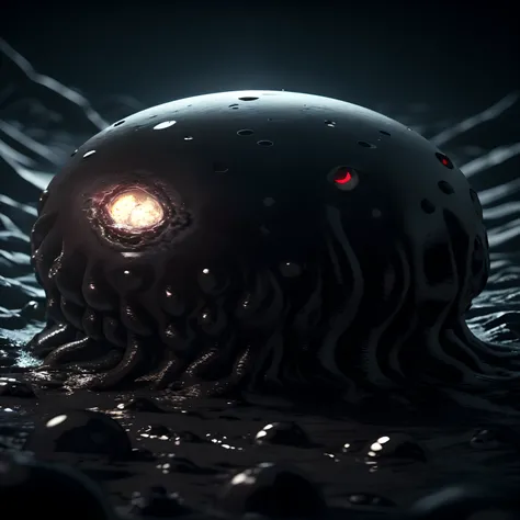 A pitch-black and weird little ball of meat，spherical，There are 10 tentacles on the surface of the meatballs，Horror fantasy，Tentacle underground scattering，paint black，Cthulhu，Grotesque，ultra-realistic realism，horrid，terroral，k hd，super-fine