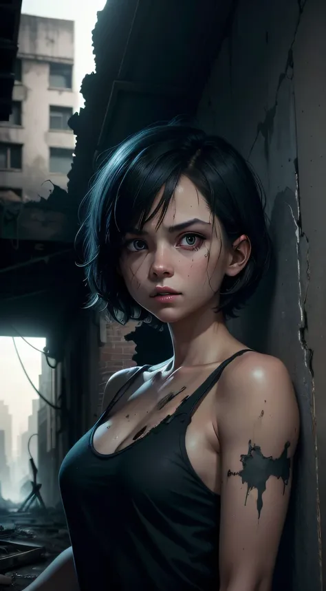 one-girl，Medium short hair，The expression is resolute，Delicate facial details，Blue pupil，（careful：1.3），Dilapidated ruined buildings，With a baseball bat，covert，Atmospheric lights，Center composition，Post-apocalypse，hyper-high detail，A high resolution，8k，Wall...