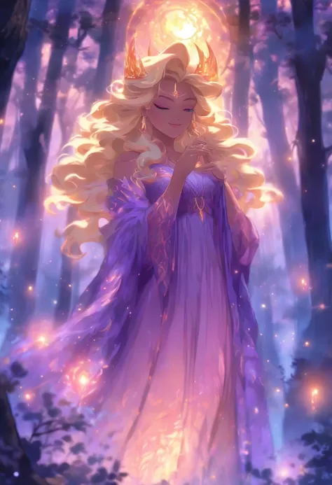 (best quality, highres, ultra-detailed, realistic:1.37), female, glowing purple eyes, long flowing blonde hair, witch, goddess, casting glowing spells, mystical fantasy woods, evil smirk, enchanted atmosphere, hauntingly beautiful, ethereal, dark magic, me...