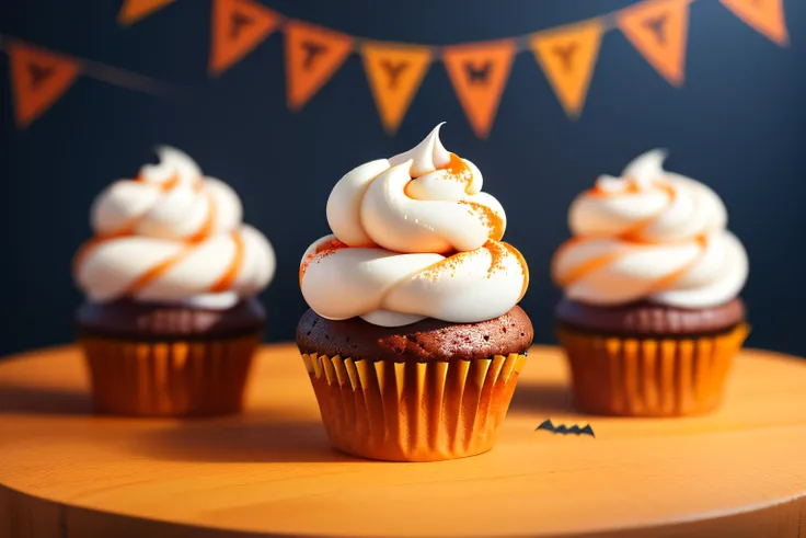 (raw photo), a row of halloween themed cupcakes on a table, orange and white, foodphoto, blurred background, full view, 8k, photorealistic image, excellent quality.