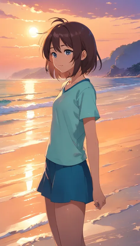 Gerar uma obra-prima apresentar um anime solo menino de 16 anos, cabelos pretos, olhos castanhos brilhantes, sorriso no rosto, Pele branca brilhante, Tshirt azul lisa, Black pantyhose, blue footwear, Meias brancas, standing at the beach, Watch the sunset f...