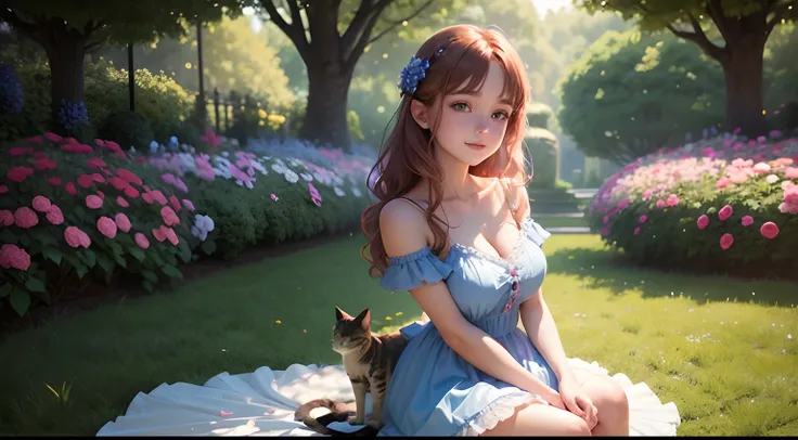 Full portrait photo from top to bottom of an 18-year-old girl as beautiful as in a fairy tale, sitting in a garden full of flowers, holding her pet cat, wearing a modern, cool short dress, shoulder-length chestnut hair, eyes blue, pink dress, bright smile,...