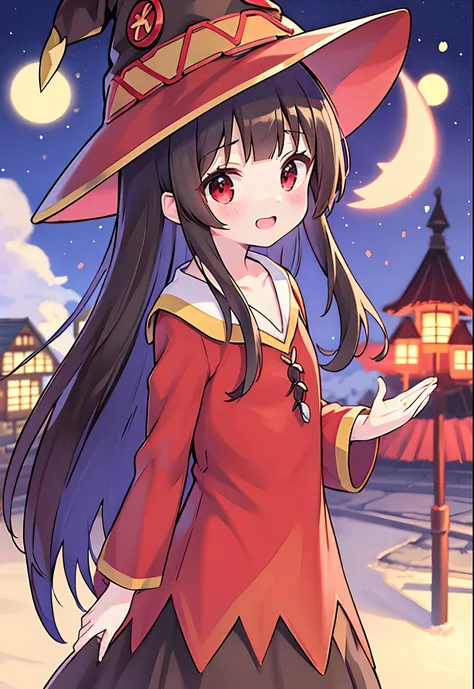 Megumin, red eyes, cabelo curto, cabelo castanho, witch hat, Feliz, noite, Sakura, floresta, tronco