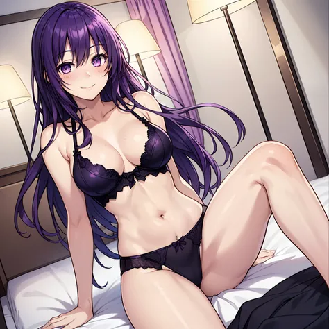 1girl,medium breasts,hotel room,bed,(8k),
,detailed face,purple hair,purple eyes,long hair,embarassed,shy,smiling,hair, high_res, high_definition,battlefield,sexy pose,black sexy lingerie,legs open,