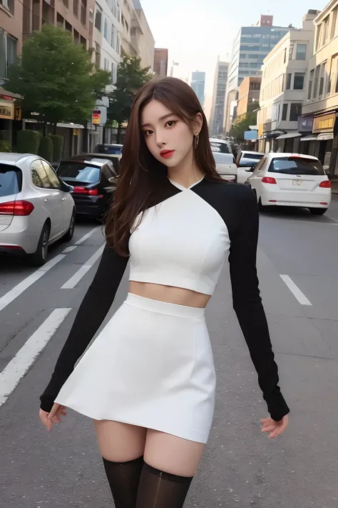 ((Realistic lighting, Best quality, 8K, Masterpiece: 1.3)), Clear focus: 1.2, 1girl, Perfect body beauty: 1.4, Slim abs: 1.1, ((dark brown hair)), (White dress: 1.4), (Outdoor, night: 1.1), City Street, Super Fine Face, Fine Eyes, Double Eyelids, (Over the...