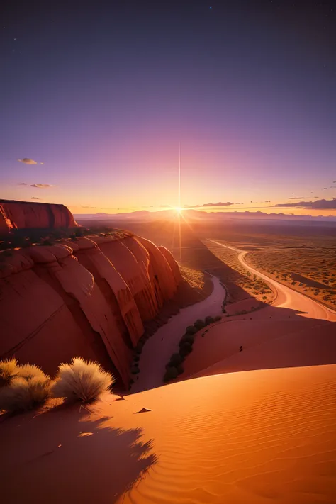 Sunset over desert landscape with winding road in foreground, marc adamus, Monument Valley style, beautiful render of a landscape, canyons, desert sunset, sunset glow, Red Desert, Rendered in 4 K, bastien grivet, the planet is warm with canyons, Gorge back...