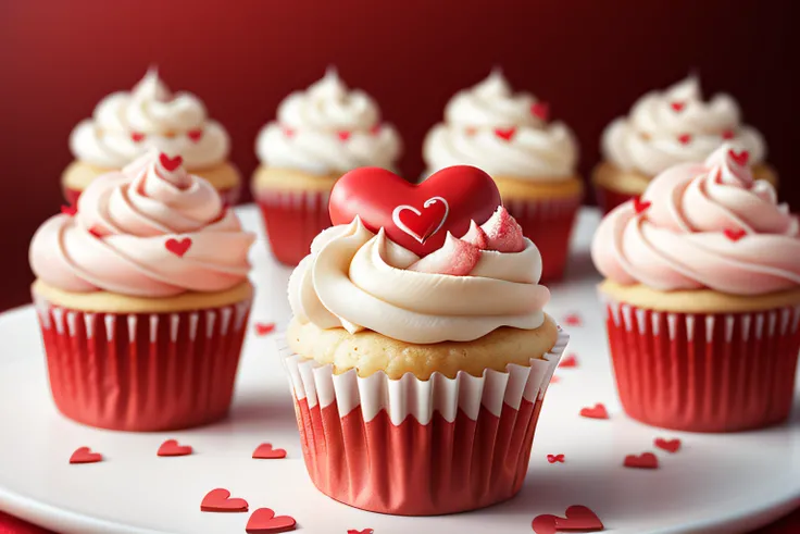 (raw photo), a row of valentine themed cupcakes on a table, red and white, hearts, foodphoto, blurred background, full view, 8k, photorealistic image, excellent quality.