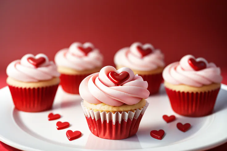 (raw photo), a row of valentine themed cupcakes on a table, red and white, hearts, foodphoto, blurred background, full view, 8k, photorealistic image, excellent quality.