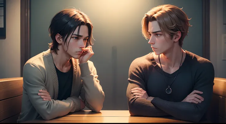 One person looks pensive, deep in thought, contemplating their current situation. The other watches him intently, waiting for a response.Two male friends are talking in a cozy cafe.  anime style